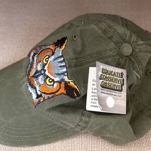 NWT Great Horned Owl Cap Green Adjustable Eco Cotton Embroidered